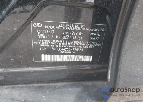 2013 Hyundai Sonata Limited z USA, uszkodzony, nr VIN 5NPEC4AC2DH728683